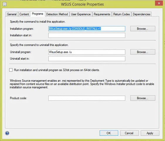 WSUS Console Parameters for SCCM Install
