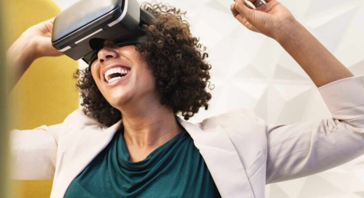 virtual reality headset with an excited woman