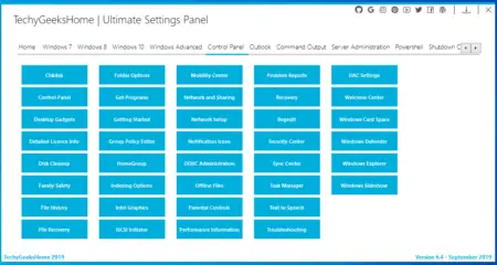 Screenshot of the Ultimate Settings Panel by techygeekshome for Windows, displaying a variety of system management and troubleshooting tools.
