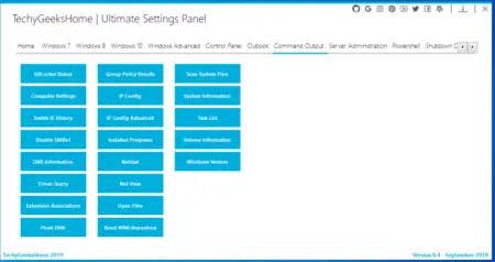 Screenshot of the "Ultimate Settings Panel" application interface showing various settings management options like Windows tools, PowerShell, network information, and system information, styled in a blue and white theme.