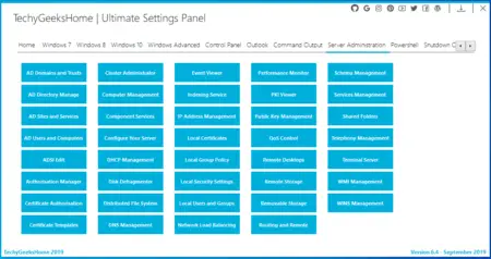 Screenshot of the "Ultimate Settings Panel" for Windows showing various system management tools and categories like active directory management, computer management, and performance monitor.