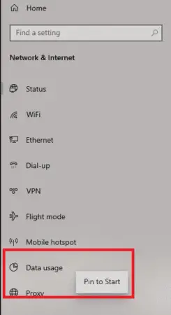 Screenshot of a settings menu in a computer interface with various options like display network data, wifi, and vpn. The "Data usage" option is highlighted, showing a "pin to start