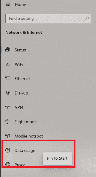 Screenshot of a settings menu in a computer interface with various options like display network data, wifi, and vpn. The "Data usage" option is highlighted, showing a "pin to start