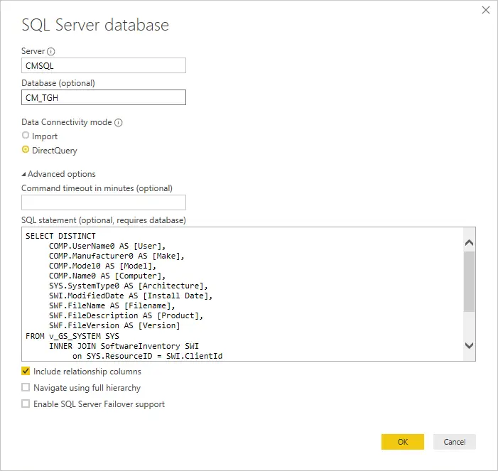 Power BI Get Data SQL Query DirectQuery