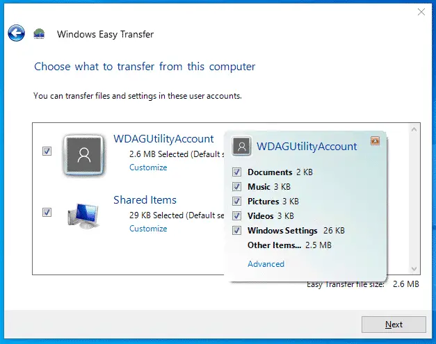 Windows Easy Transfer Choose what to backup