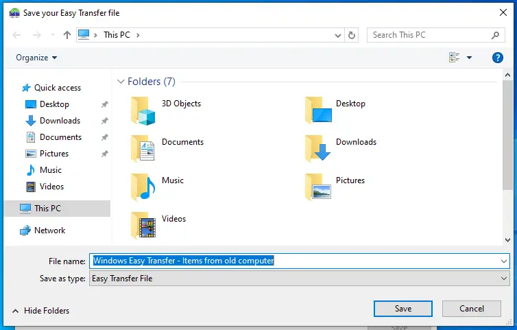 Windows Easy Transfer Save As