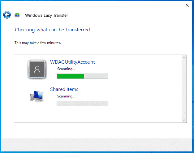 Windows Easy Transfer Wizard Checking what can be transferred