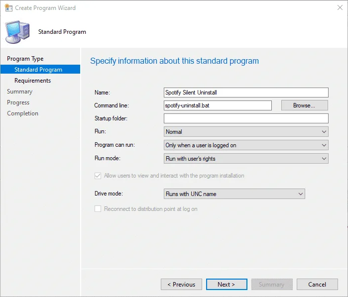 SCCM Create Package Program Commands