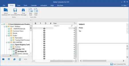 Screenshot of the Stellar Converter for OST software interface showing an open project with folders and emails displayed in a structured view on the left pane, and an email preview on the right pane to resolve OST file issues