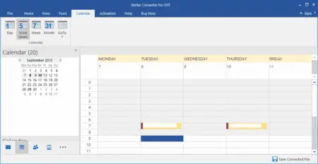Screenshot of Stellar Converter for OST application with a calendar interface set to September 2015, displaying monthly view with some marked events. There are menu options for file, home, view, and tools at