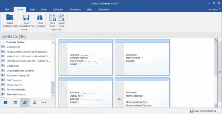 A screenshot of the Stellar Converter for OST software interface, displaying various panels such as contacts, companies, and other email metadata.