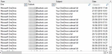 Screenshot of an Outlook email inbox displaying multiple messages from "Microsoft OneDrive" alerting the user that "your OneDrive is almost full," with various dates listed, including potential issues related