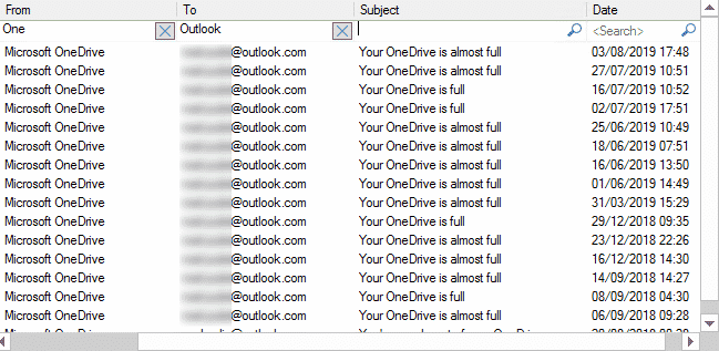 Screenshot of an Outlook email inbox displaying multiple messages from "Microsoft OneDrive" alerting the user that "your OneDrive is almost full," with various dates listed, including potential issues related