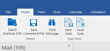 Screenshot of a computer interface showing an email application toolbar with options like "file," "home," "view," "tools," and "activation." The "home" tab is displayed with icons for various