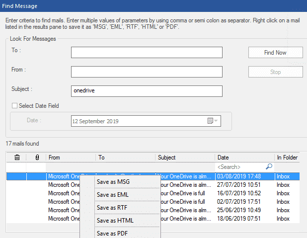 A screenshot of a computer interface showing an email filtering tool with results; emails are listed from "Microsoft OneDrive" concerning file notifications resolved by Stellar Converter for OST.
