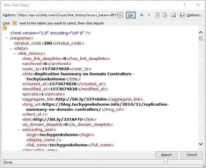 Screenshot of a new web query window from a computer, displaying various XML code fields and data related to Bitly URLs, timestamps, and domain names.