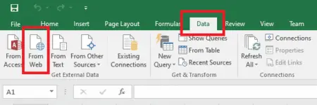 Screenshot of Microsoft Excel with the "data" tab highlighted in red, showcasing icons for data management functions, including the Export Bitly URLs to Excel feature.