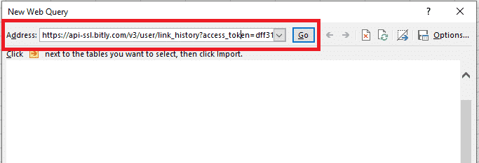 Screenshot of a new web query window in Excel with a Bitly URL entered in the address field, highlighted by a red box, and a 'go' button next to it.