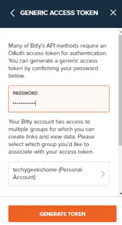 A mobile screen displaying an authentication process for API access, highlighting the need to confirm your password and select data groups for visibility with access tokens, with a "generate token" button to export Bitly URLs