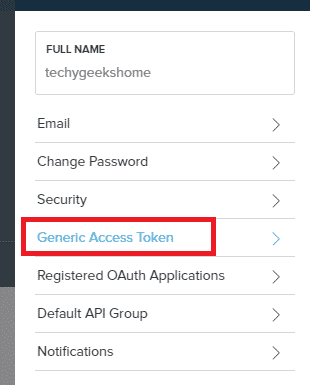 Screenshot of a mobile application settings menu with options like full name, change password, security, generic access token, registered oauth applications, Bitly export, default API group.