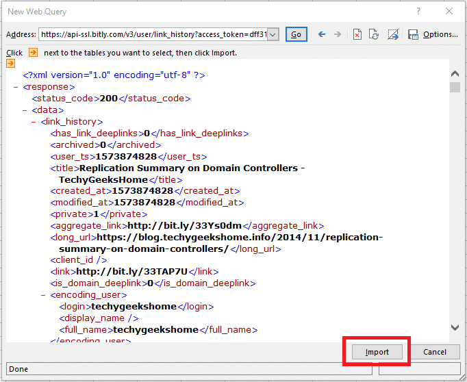 A screenshot of a new web query window displaying XML code with various link elements and attributes, including timestamps and domain information. The "export" button is highlighted.