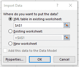 Screenshot of a "Bitly Export" dialog box with options to place data in an existing worksheet, a specified worksheet, or add it to a data model, with "ok" and "cancel