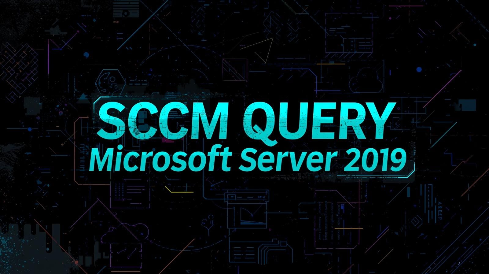 Create a bold high‑impact 16 9 featured image with a dark SCCM and server‑inventory themed background. Use deep black or charcoal as the base with accent colours like electric blue purple