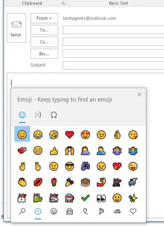 Screenshot of a Microsoft Outlook email composition window with the emoji picker open, displaying various emoji options like smiley faces, hearts, and animals.
