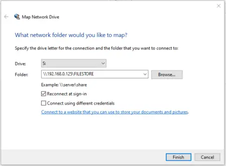 Screenshot of the "map network drive" window in Windows, displaying options for drive S: and folder path \192.168.0.125fileshare, with selections to reconnect at sign-in