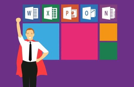 Animated image of a superhero with a red cape standing confidently in front of blocks with logos of Microsoft Office applications like Word, Excel, PowerPoint, and OneNote on a Windows 10 background.