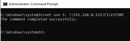 A screenshot of a command prompt window demonstrating how to add a network drive to the path "\192.168.0.125filestore".