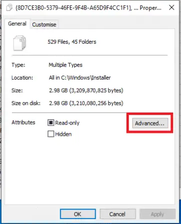 A screenshot of a file properties window in Windows showing various details like type, size, location, and attributes. An 'Advanced...' button is highlighted in red.