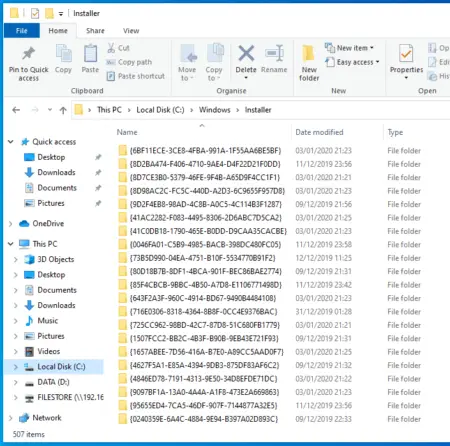 A screenshot of a computer's file explorer window displaying the contents of the "Windows Installer" folder, which includes various files and folders listed in detail view mode.