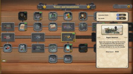 Screenshot from the game Railway Empire showing a technology tree menu titled "trains and locomotives" with various train models as unlockable items, set against a wooden background.