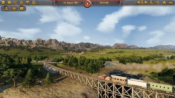 A scenic screenshot from the video game Railway Empire depicting a train crossing a high bridge in a vast landscape with hills, a river, and sparse settlements under a clear sky. The game interface displays various icons