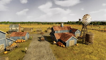 An idyllic farm scene with blue and grey barns, a windmill, and a water tower surrounded by fields. The foreground features a dirt path, pumpkins, and an antique wooden cart