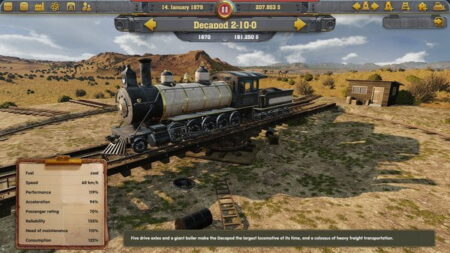 A vintage steam locomotive from Railway Empire travels through a desert-like landscape in a video game interface, displaying performance metrics such as speed and consumption in the game's dashboard.