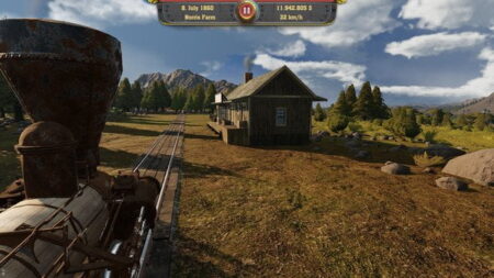 A screenshot from Railway Empire showing a railway track with a vintage locomotive on the left, leading to a rustic wooden house surrounded by trees and fields under a clear sky. Game interface visible at the top