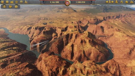 Aerial view of a video game landscape depicting a rugged, reddish canyon with a river winding through it. Empire interface elements display a date and numerical values at the top.