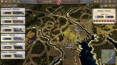 Screenshot of Railway Empire, a simulation game featuring a top-down view of a 19th-century regional map with train routes between cities, industrial areas, and landscape features like rivers and forests.