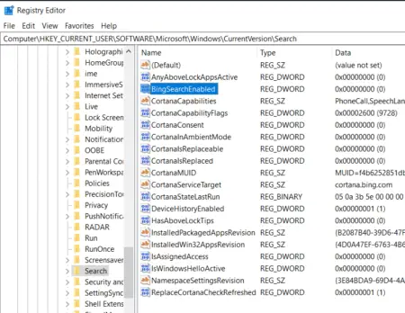 Screenshot of the registry editor on a Windows 10 computer displaying a list of folders and registry keys within the hkey_current_usersoftwaremicrosoftwindowscurrentversionsearch path related to