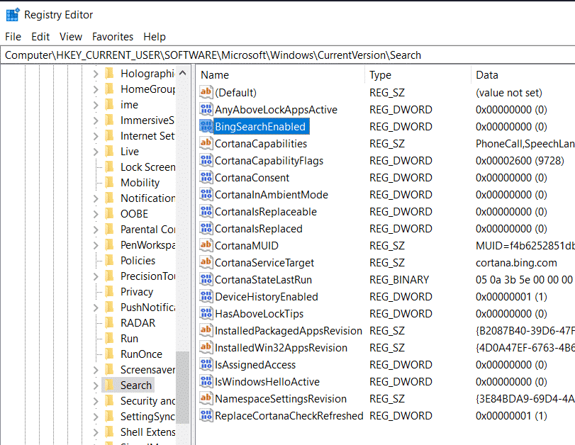 BingSearchEnabled DWORD Disabled