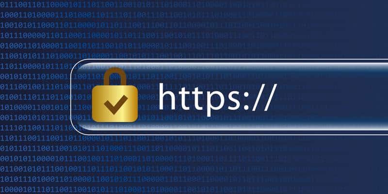 Digital illustration of a secure HTTPS url displayed in white with a golden padlock icon, on a blue background featuring binary code.