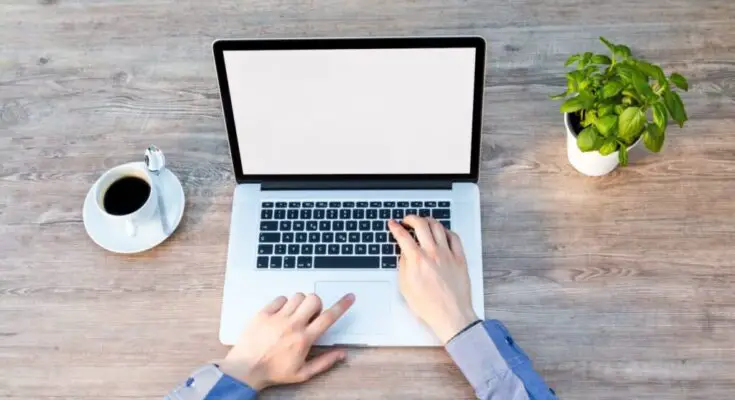 A person working on a Macbook with a blank screen, at a wooden desk, with a cup of coffee and a small potted plant beside it. Only the person's hands are visible.