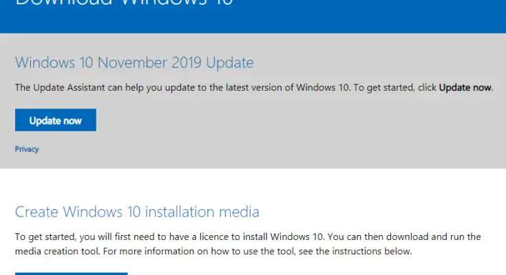 A screenshot displaying the "download Windows 10" page with details about the November 2019 update and buttons labeled "update now" and "Windows Upgrade tool now.