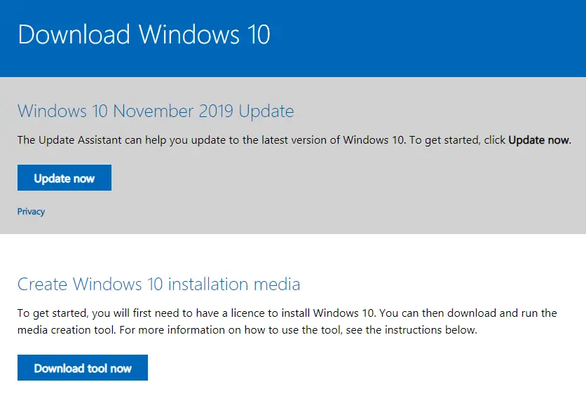 A screenshot displaying the "download Windows 10" page with details about the November 2019 update and buttons labeled "update now" and "Windows Upgrade tool now.