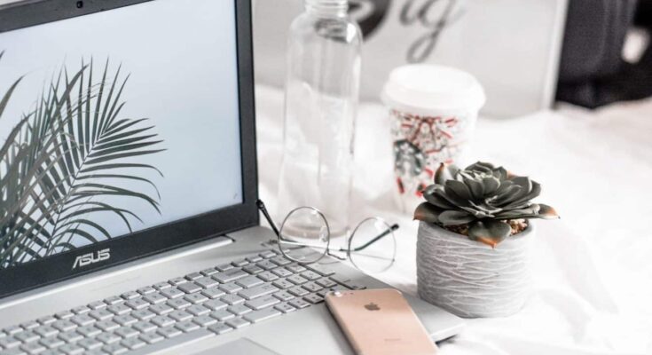 A cozy workspace setup featuring an Asus laptop optimized for computer performance, a clear water bottle, glasses, a smartphone, a potted succulent, and a decorative mug on a white desk.