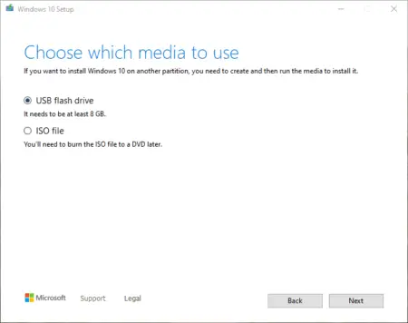 Screenshot of a Windows 7 setup dialog box, with an option selected to choose which media to use, indicating requirements for an ISO file to install Windows 7 on another partition.