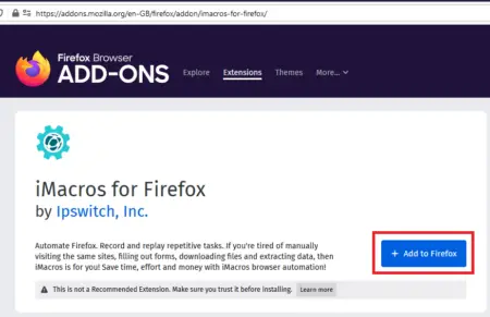Screenshot of the Mozilla Firefox add-on page displaying the iMacros extension with a "+ add to Firefox" button outlined in red.