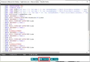 Screenshot of a computer screen displaying an iMacros editor window with several lines of macro code on it for automation tasks in a browser, including an AddMeFast bot script.